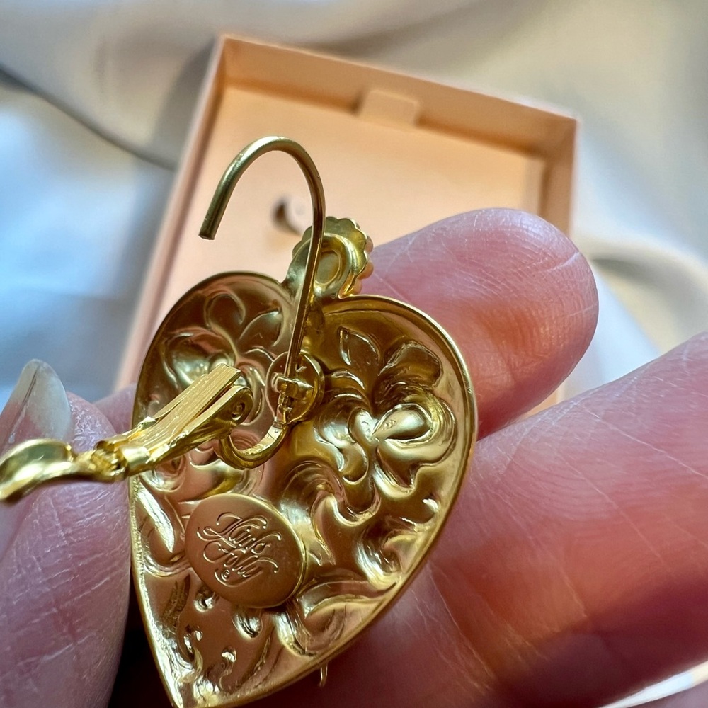 Kirk’s Folly, Beautiful Vtg Goldtone Heart Floral Earrings, ladybug, AB crystal - Picture 5 of 16